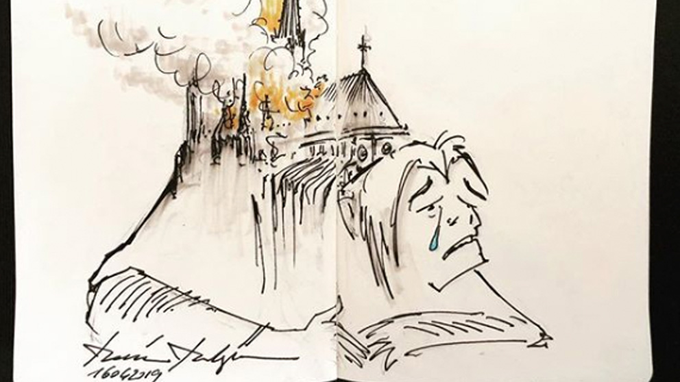 Una de las ilustraciones de Quasimodo, el jorobado de Notre Dame de Disney, llorando por el incendio de la catedral francesa.