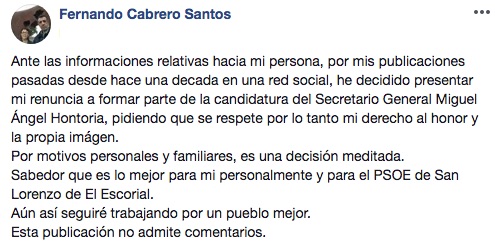 Mensaje en Facebook de Fernando Cabrero.