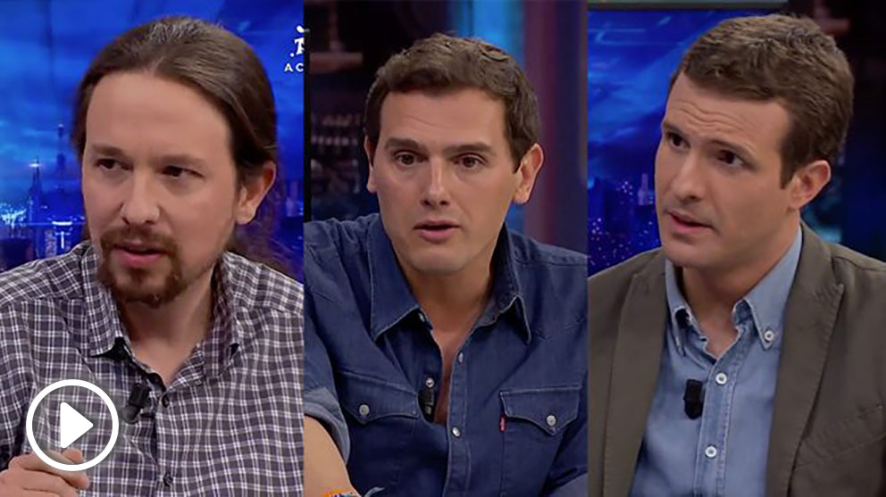 Pablo Iglesias, Albert Rivera y Pablo Casado durante sus entrevistas en ‘El Hormiguero 3.0’