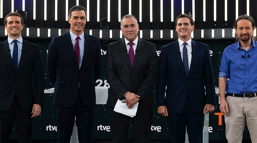 Pablo Casado, Pedro Sánchez, Albert Rivera y Pablo Iglesias en el debate electoral del 28-A en RTVE.