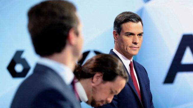 Pablo Casado, Pablo Iglesias y Pedro Sánchez en un debate electoral televisado.