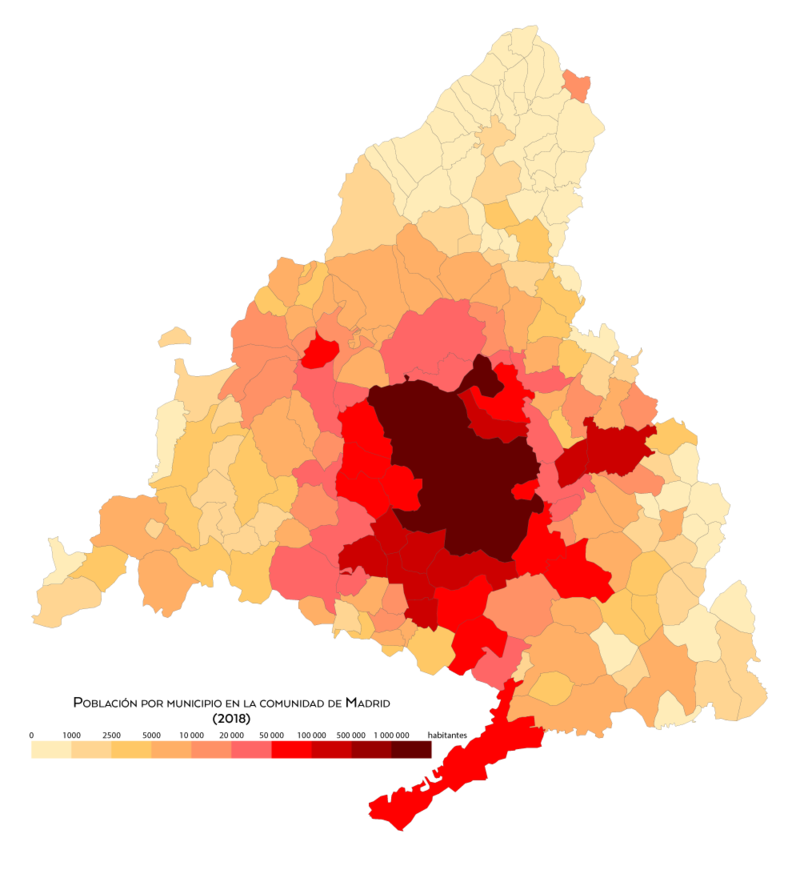 Población por municipios en la comunidad de Madrid en 2018.