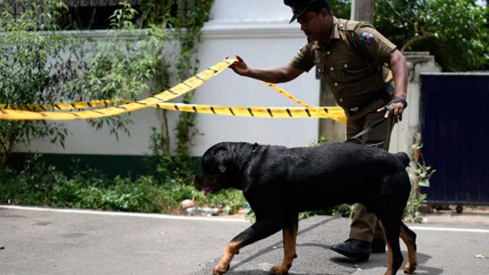 Un policía junto a un perro en la zona de uno de los atentados perpetrados el Domingo de Resurreción en Sri Lanka. Foto: AFP
