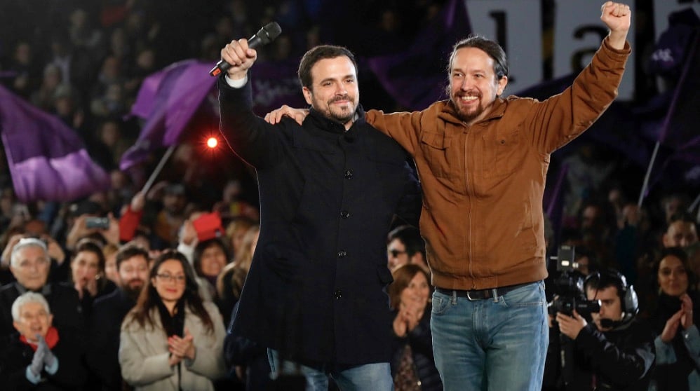 Alberto Garzón y Pablo Iglesias en el cierre de campaña. (Foto. EFE)