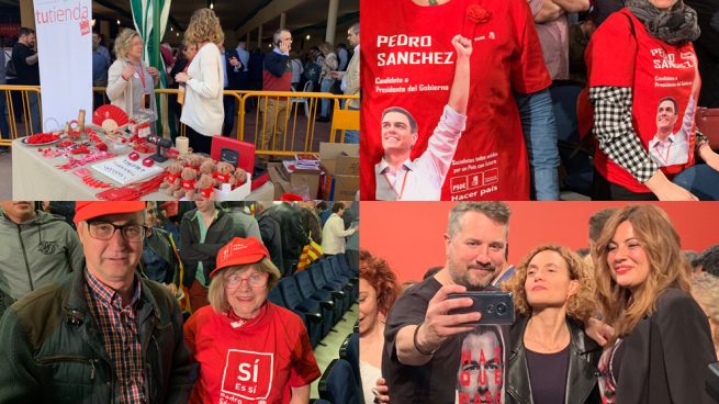 Simpatizantes socialistas con camisetas y gorras en homenaje a Sánchez. Fotos: Joan Guirado