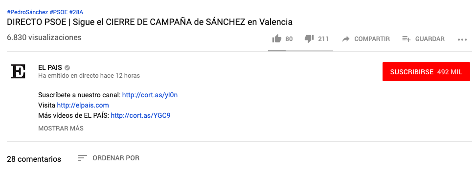 Vox arrasa en ‘El País’: ¡119.195! personas vieron el cierre de campaña de Abascal frente a los 6.000 de Sánchez