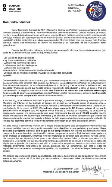 Carta de Policía y Guardia Civil a Pedro Sánchez