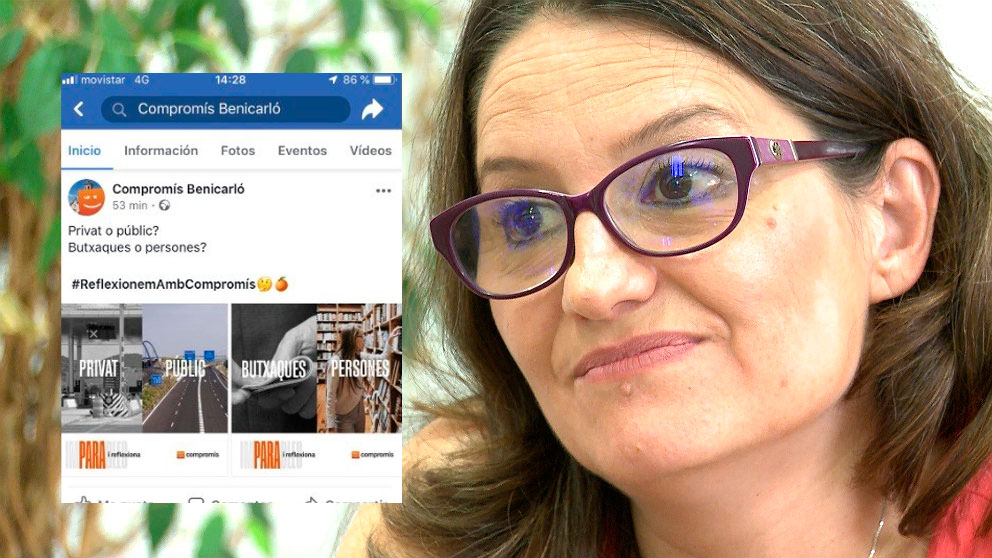 Monica Oltra y uno de los mensajes publicados en las redes sociales de Compromís.