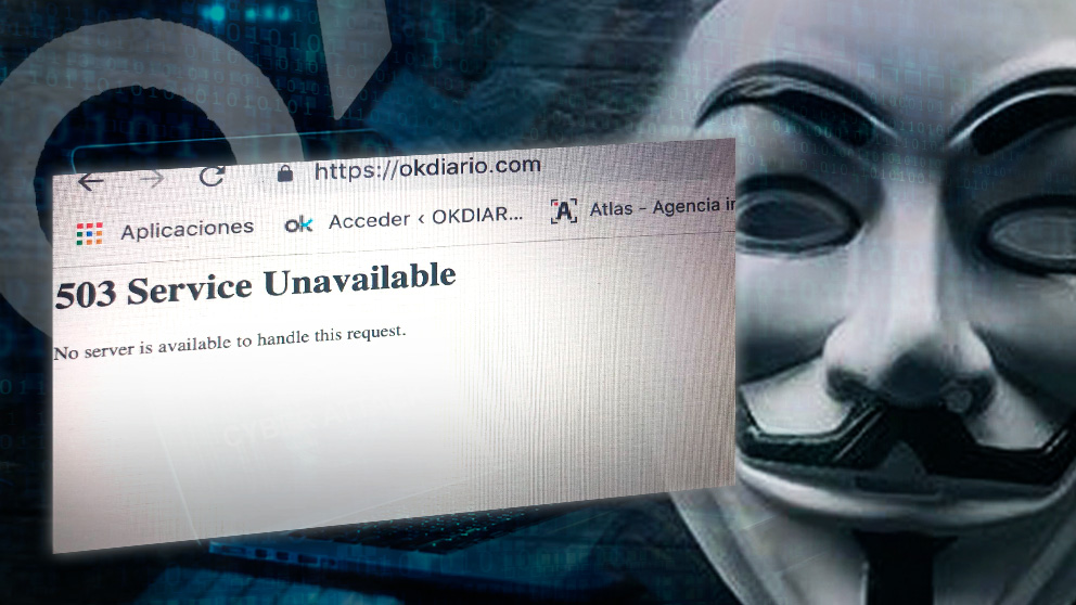 La máscara que caracteriza al grupo de hackers Anonymous, junto a una captura de la web de OKDIARIO caída.
