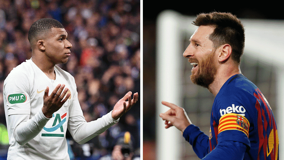 A-la-izquierda,-Mbappé,-tras-ver-la-roja;-a-la-derecha,-Leo-Messi,-tras-marcar-ante-el-Levante-(AFP)