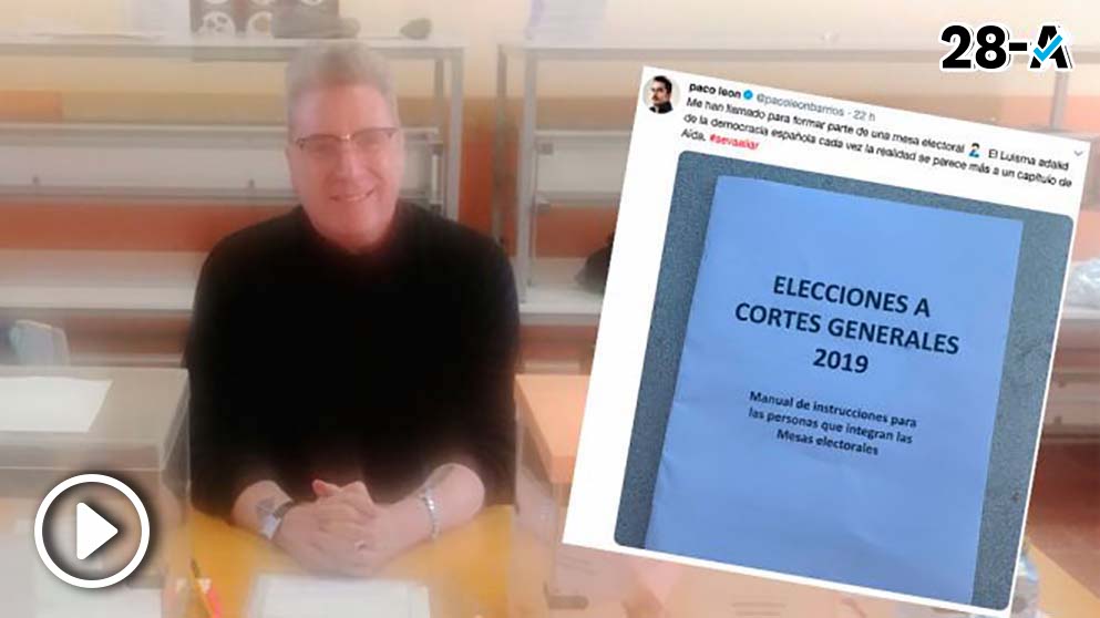 José María Sanz Beltrán, más conocido por su nombre artístico Loquillo, presidiendo una mesa electoral el 28-A. Y un pantallazo de un tuit de Paco León. Foto: Twitter