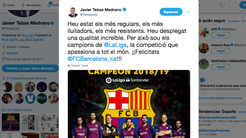 El mensaje de Tebas felicitando al Barça en catalán.