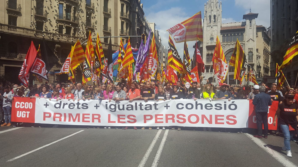 La manifestación con motivo del Primero e Mayo, convocada por los sindicatos CCOO y UGT, en Barcelona. Foto: Twitter