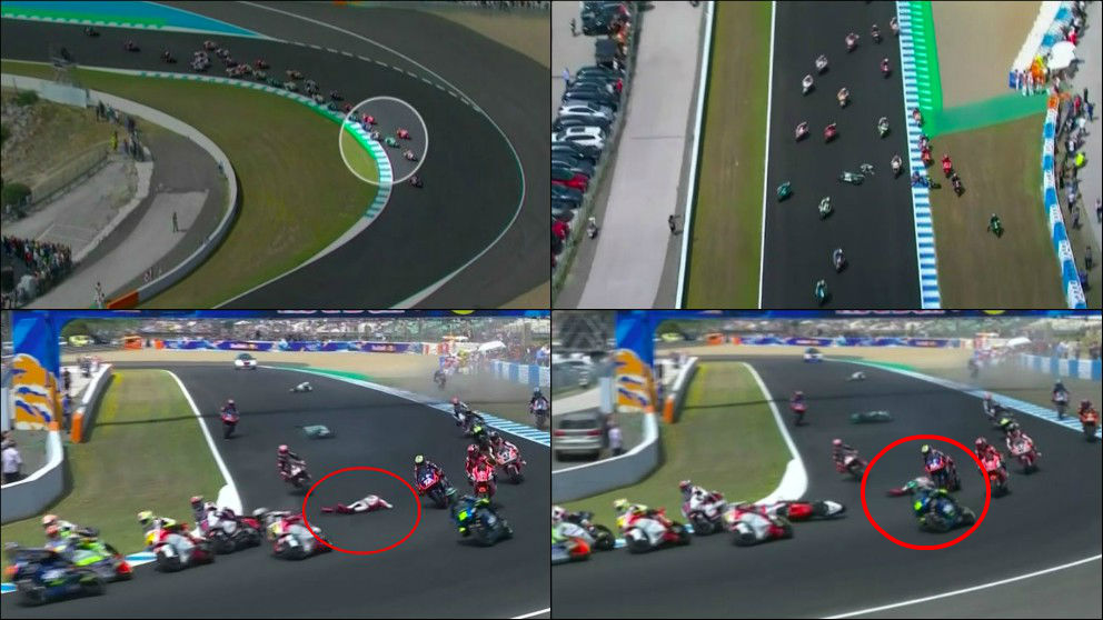 El espectacular accidente múltiple en el GP de España de Moto 2. (DAZN)