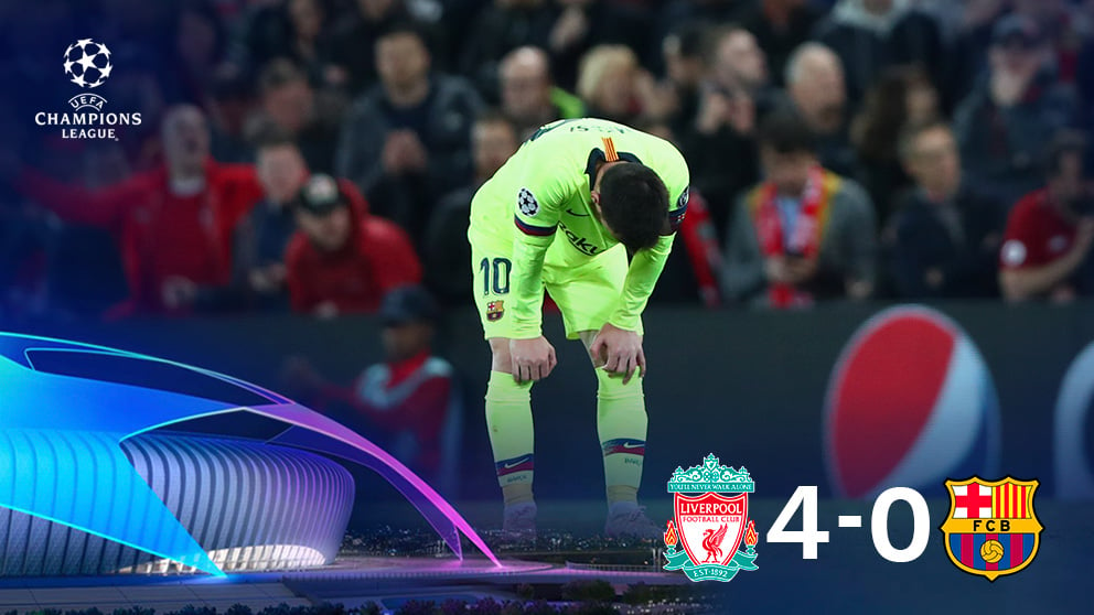 Messi se lamenta tras encajar el 4-0 a favor del Liverpool.