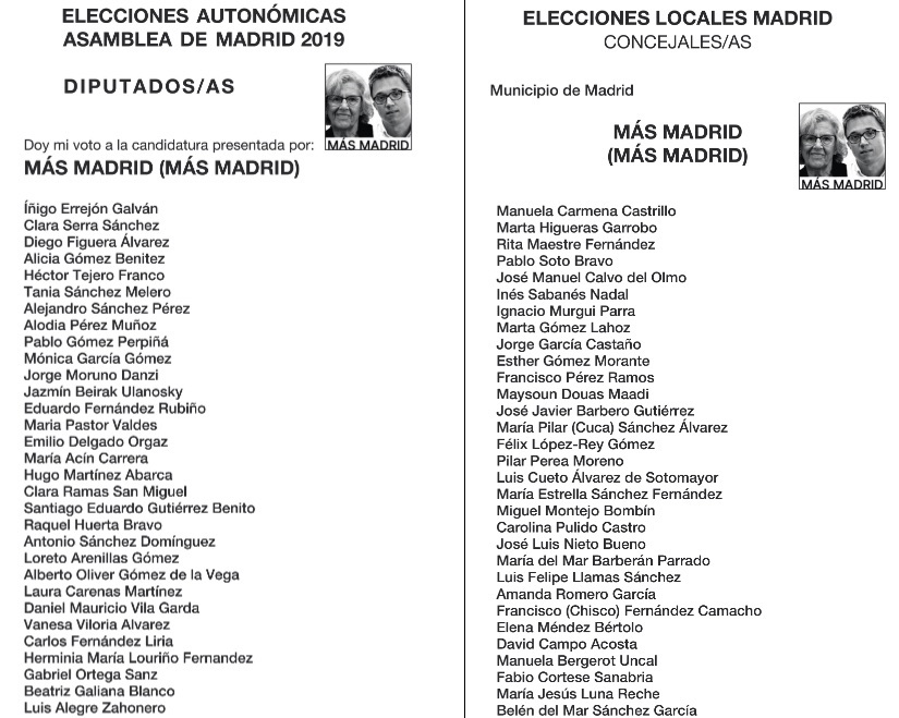 Papeletas de Más Madrid a la Comunidad y a la Alcaldía.