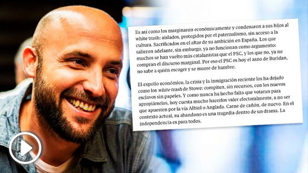 El candidato separatista Jordi Graupera, junto a un fragmento de su artículo publicado en La Vanguardia.