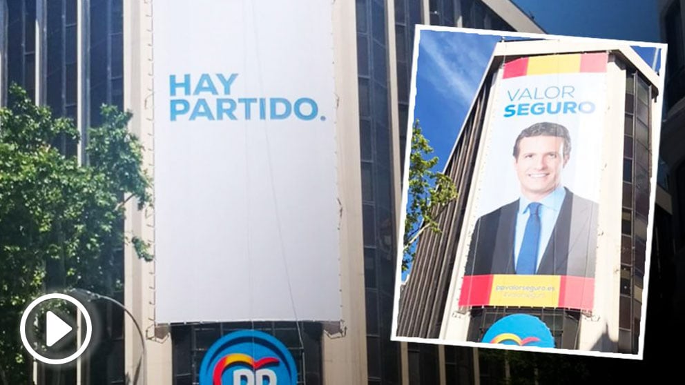Los dos carteles electorales en la fachada de Génova.