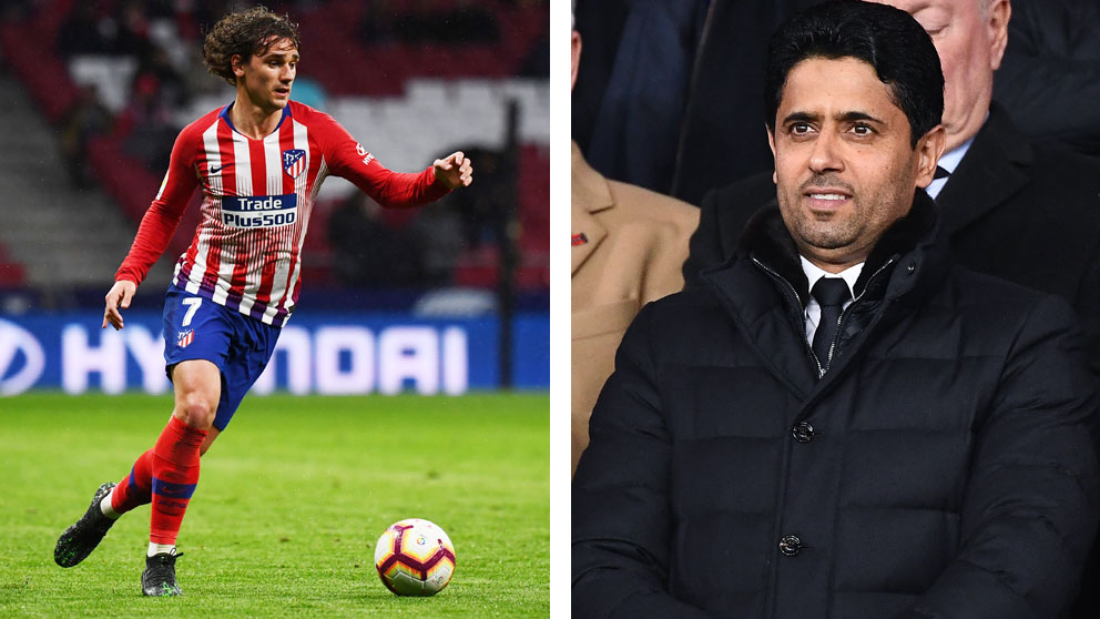 A la izquierda, Griezmann,-durante-un-partido-esta-temporada.-A-la-derecha,-Al-Khelaifi,-presenciando-un-encuentro-del-PSG-(Fotos-AFP)