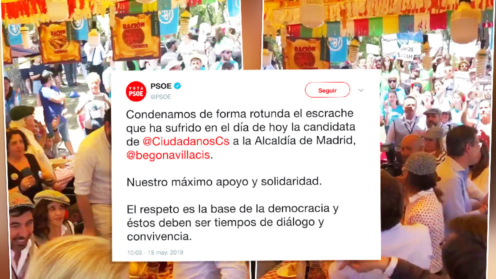 Tuit del PSOE sobre el escrache a PP y C’s en San Isidro.