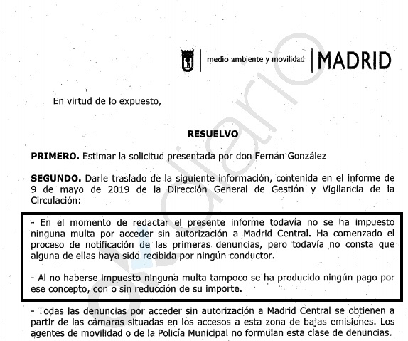 Informe del Ayuntamiento sobre Madrid Central.