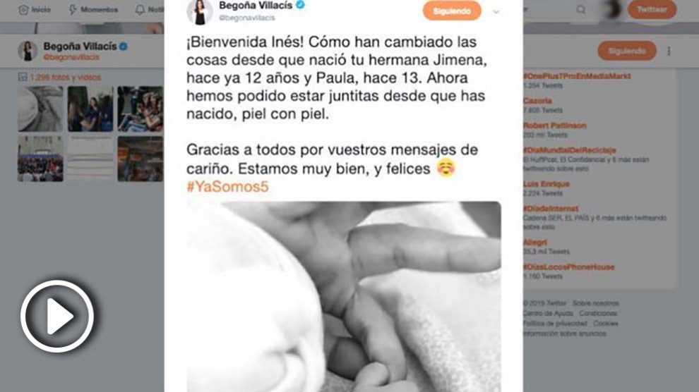 El mensaje colgado en las redes sociales con el que Begoña Villacís anuncia el nacimiento de su tercera hija