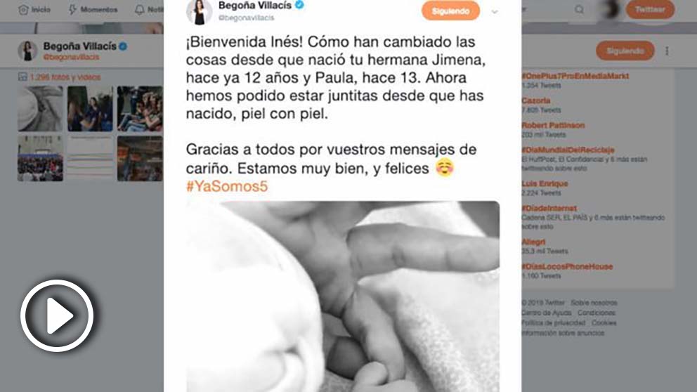 El mensaje colgado en las redes sociales con el que Begoña Villacís anuncia el nacimiento de su tercera hija