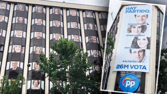 El PP cubre su fachada en Génova con fotos de candidatos y barones regionales