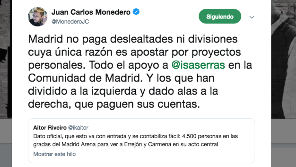 Mensaje publicado por Juan Carlos Monedero este sábado en Twitter.