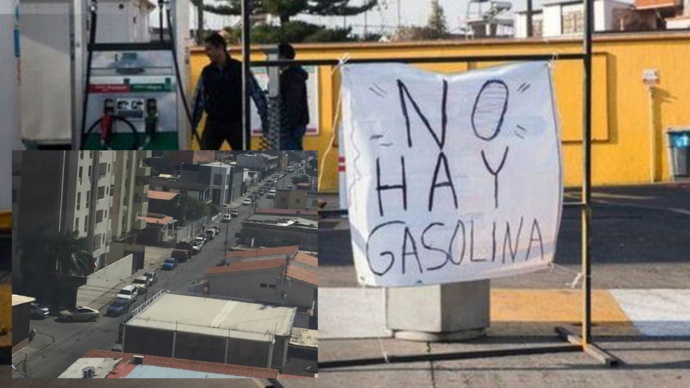 Una gasolinera desabastecida alerta de que no hay gasolina, y al izquierda una de las largas colas para repostar que llegan a durar entre 5 y 6 horas. Foto: Twitter