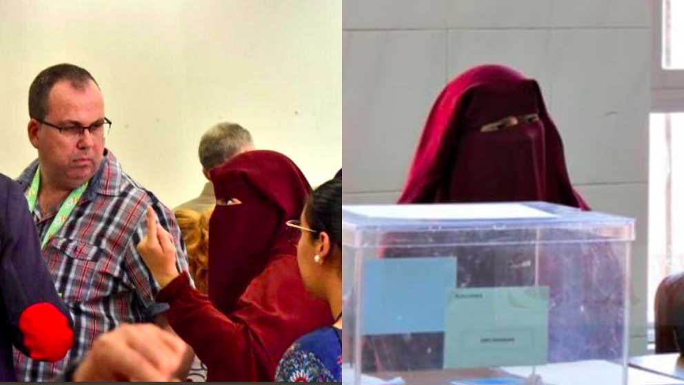Una presidenta de mesa con Niqab increpa a los apoderados de Vox.