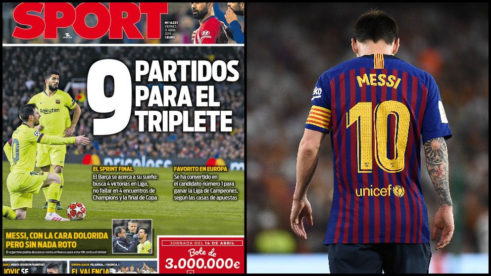 La portada del Sport del 12 de abril: 9 partidos para el triplete.