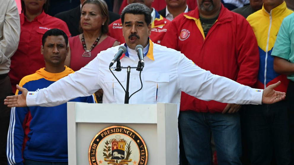 El dictador venezolano, Nicolás Maduro, en un acto del régimen hablando al pueblo venezolano. Foto: AFP