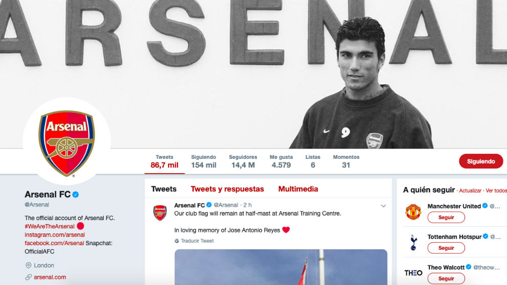 Así luce la cuenta oficial del Arsenal tras el fallecimiento de Reyes.