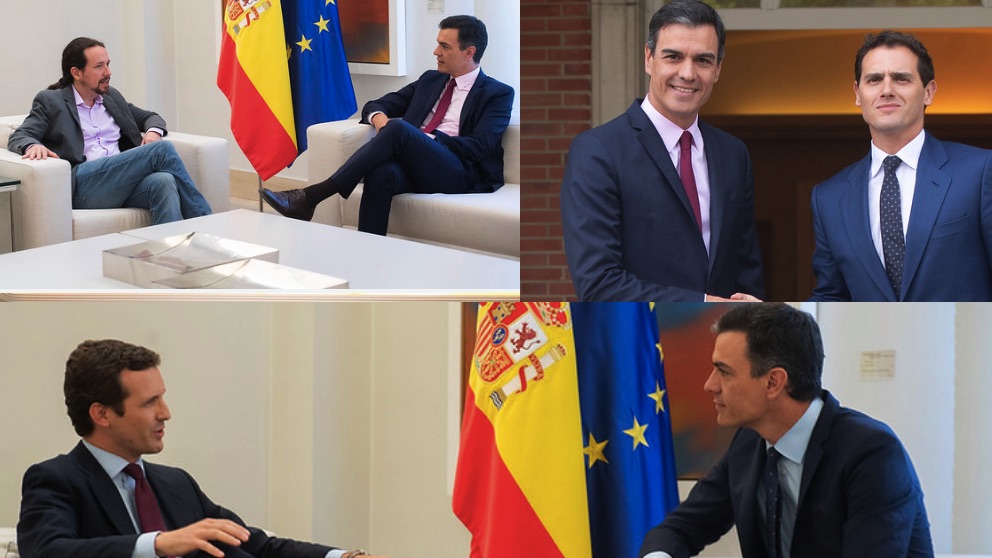 Reuniones de Sánchez con Pablo Iglesias, Albert Rivera y Albert Rivera. (Fotos. Moncloa)