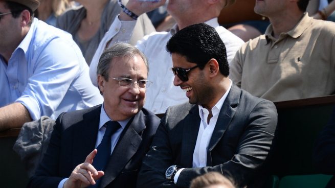 Florentino Pérez y Al Khelaifi viendo el Nadal - Mayer de Roland Garros 2014.