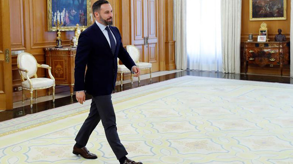 El diputado y presidente de Vox Santiago Abascal, esta mañana en el Palacio de la Zarzuela, durante la ronda de consultas del rey Felipe VI con los dirigentes de los partidos políticos con representación parlamentaria para designar candidato a la investidura. Foto: EFE