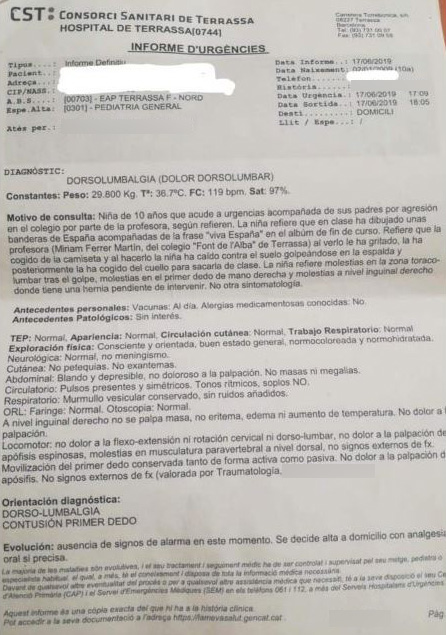 Parte médico de la denuncia a la profesora del Hospital de Terrassa. 