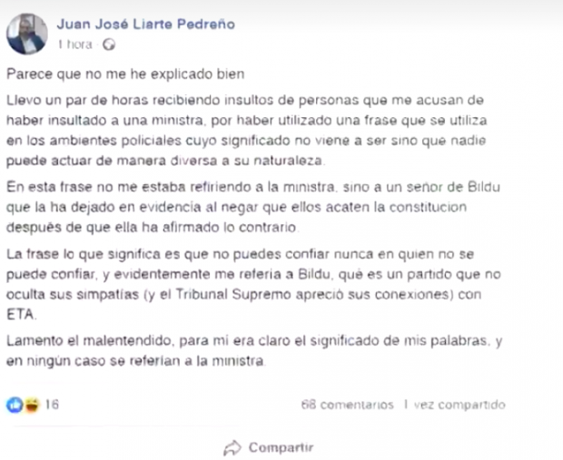 Nota aclaratoria publicada por Juan José Liarte en su perfil de Facebook. 