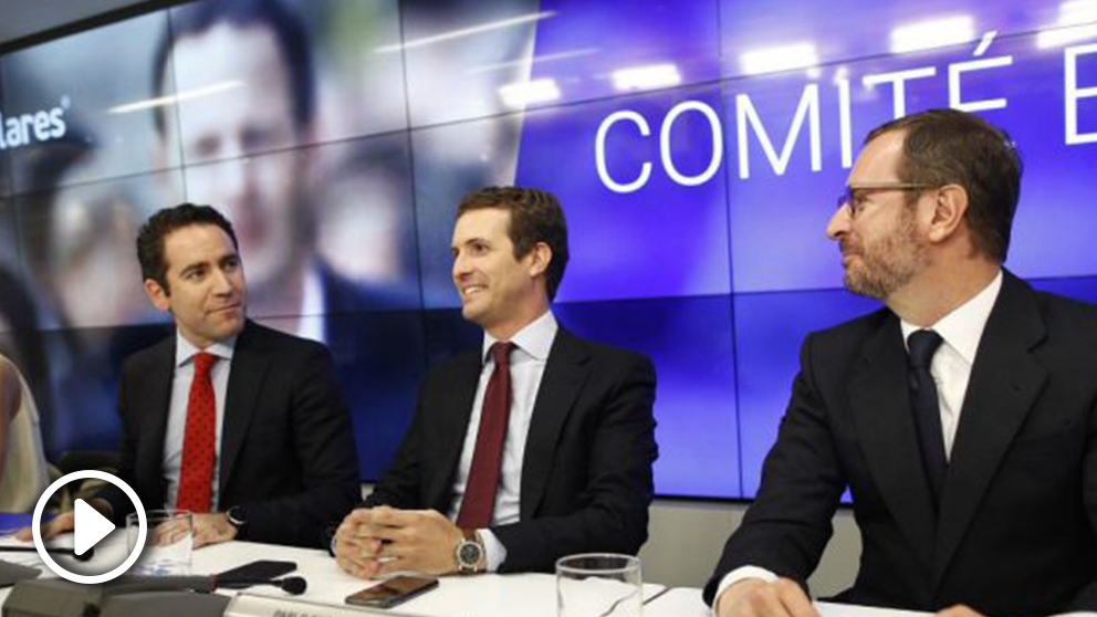 Pablo Casado junto a Teodoro García Egea y Javier Maroto, en la reunión del Comité Ejecutivo Nacional