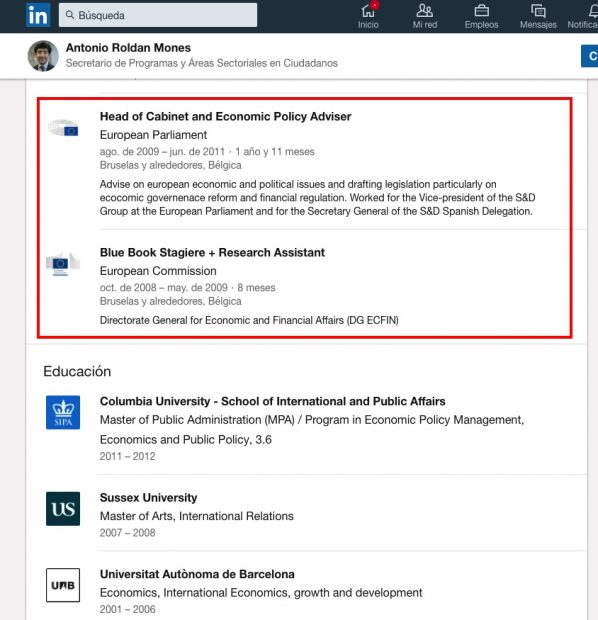 Perfil en LinkedIn de Toni Roldán.