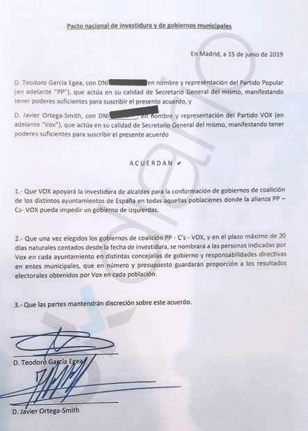 Éste es el documento firmado entre PP y Vox para el Ayuntamiento de Madrid