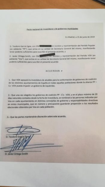 Documento firmando por PP y Ciudadanos para tener "gobiernos de coalición" en los Ayuntamientos.