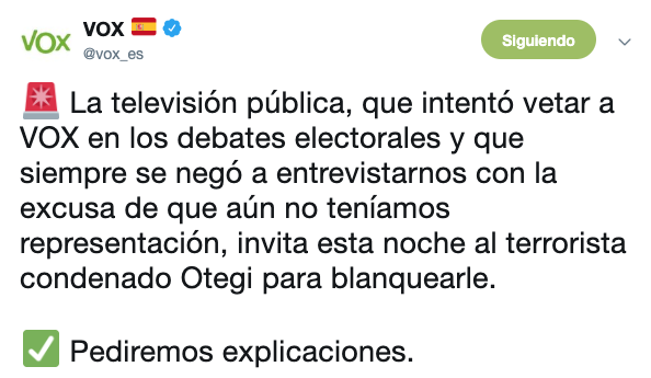 Rivera a Otegi: «Los que se van a perder tu entrevista en TVE son los más de 800 asesinados por ETA»