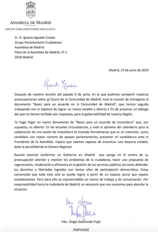 Carta de Ángel Gabilondo a Ignacio Aguado. (Clic para ampliar)