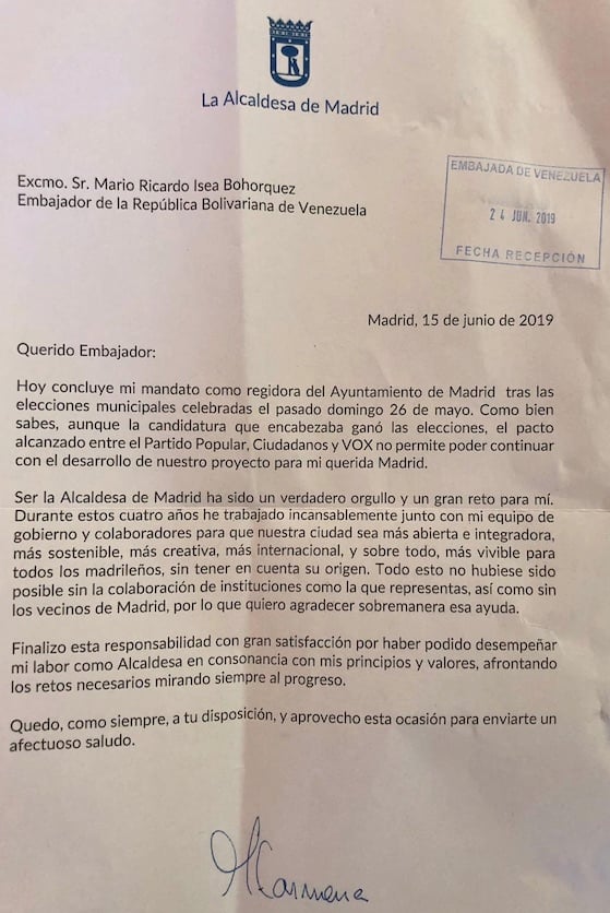 Carta de Manuela Carmena al embajador chavista. (Clic para ampliar)