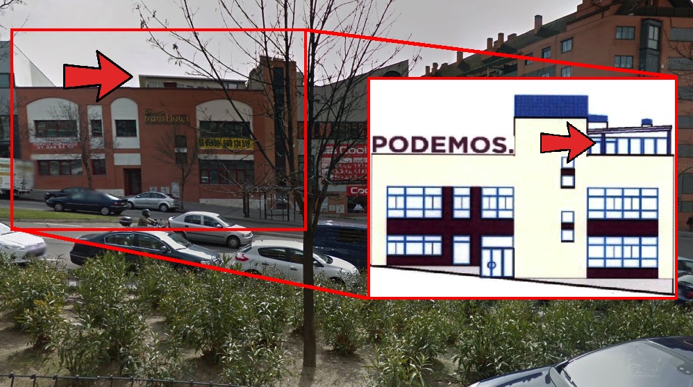Nueva sede de Podemos en la calle Francisco Villaespesa con la imagen del proyecto de reforma.