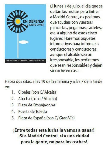 Convocatoria de "piquetes informativos" para los coches que entren en Madrid Central aprovechando la moratoria de multas.