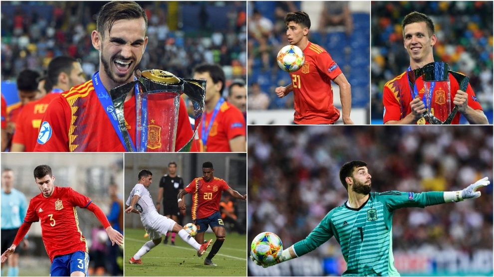 Fabián, Roca, Olmo, Aarón, Junior y Sivera, seguidos por el Real Madrid.