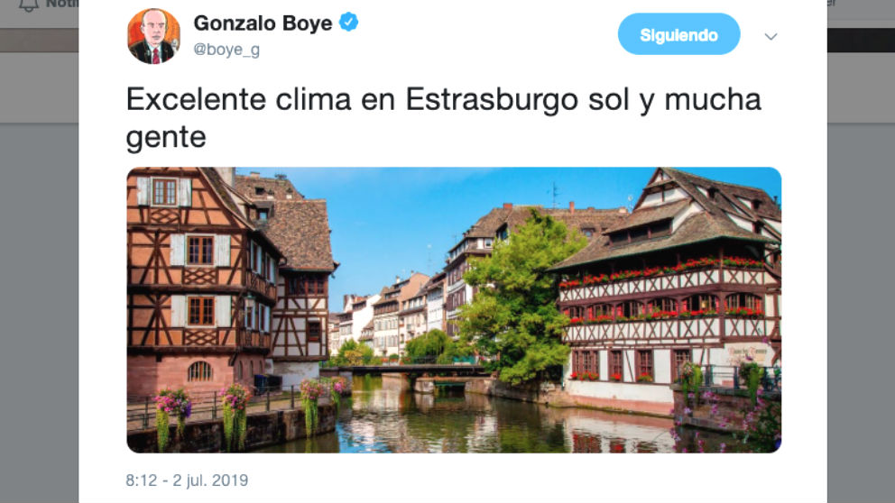 El tuit de Gonzalo Boye con el que pretende engañar con la presencia de Carles Puigdemont en Estrasburgo.